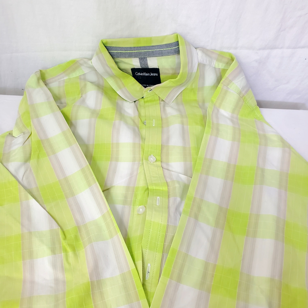Calvin Klein Men's Neon Green and White Plaid Shirt